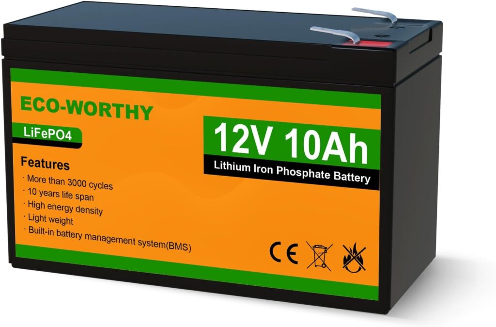 ECO-WORTHY 12V 10Ah Lithium LiFePO4 Deep Cycle Battery with 3000+ Cycles, Built-in BMS, Perfect for Kids Scooters, Fishfinder, Lighting, Power Wheels, Lawn Mower, Cyberpower UPS