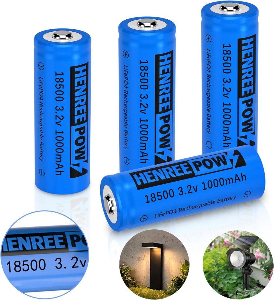 Henreepow 18500 Rechargeable Battery, 3.2v LiFePO4 Lithium Phosphate Battery 1000mAh for Outdoor Garden Solar Lights, Flashlight (4 Pack)