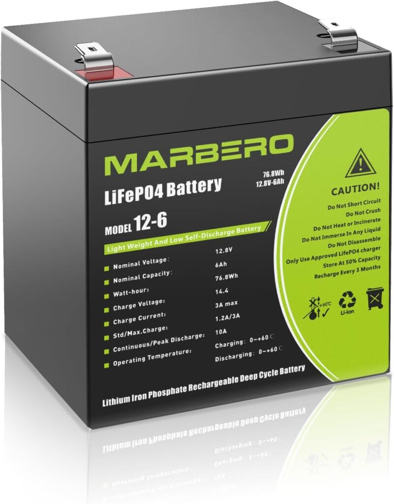 MARBERO 12V 6Ah LiFePO4 Battery, 12 Volt Lithium Ion Replacement Battery, 5000+ Deep Cycle Power Wheels Phosphate Rechargeable Battery for Ride on Toy Car, Alarm, Boombox, Power Wheels, Fish Finder