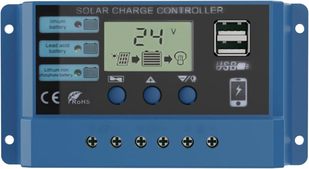 [New Upgraded] 10A Solar Charge Controller, Solar Panel Battery Intelligent Regulator with Dual USB Port 12V/24V PWM Auto Paremeter Adjustable LCD Display