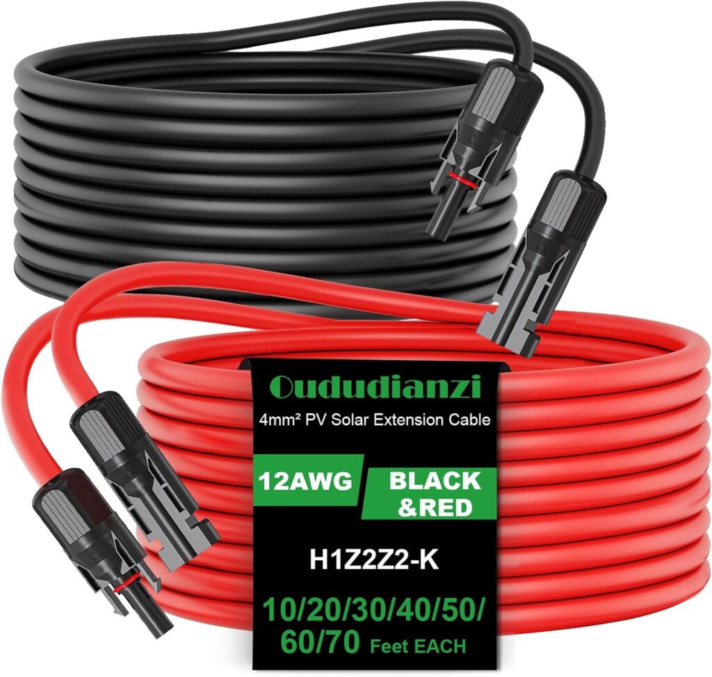 Oududianzi 10 Feet 12AWG Solar Extension Cable, 4mm² Solar Panel Extension Cable with Female and Male Waterproof Connectors for Solar Systems, Car, RV Solar Panels (10FT Red + 10FT Black)