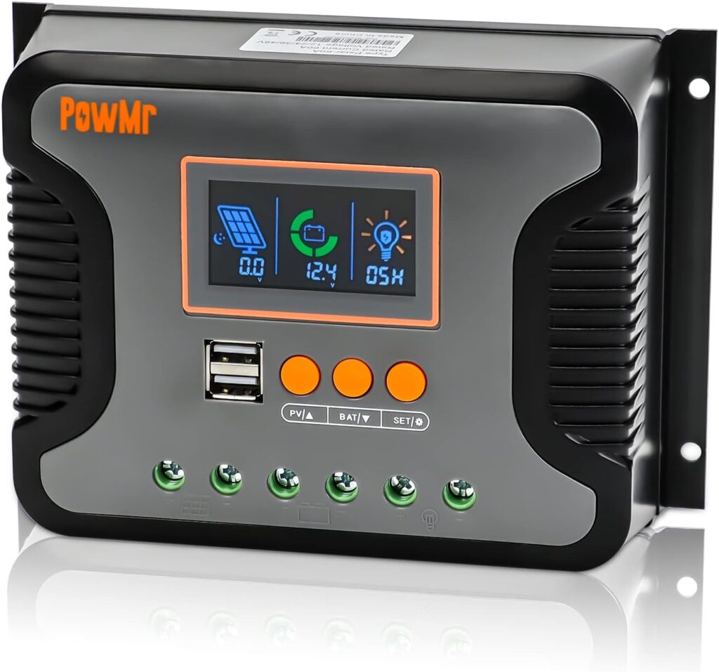 Powmr 60A PWM Solar Charge Controller 12V 24V 36V 48V with Backlit Display, Dual USB Port, Max PV 100VDC,Battery Intelligent Regulator for Solar Panels Compatible with LFP, AGM, SLD, FLA