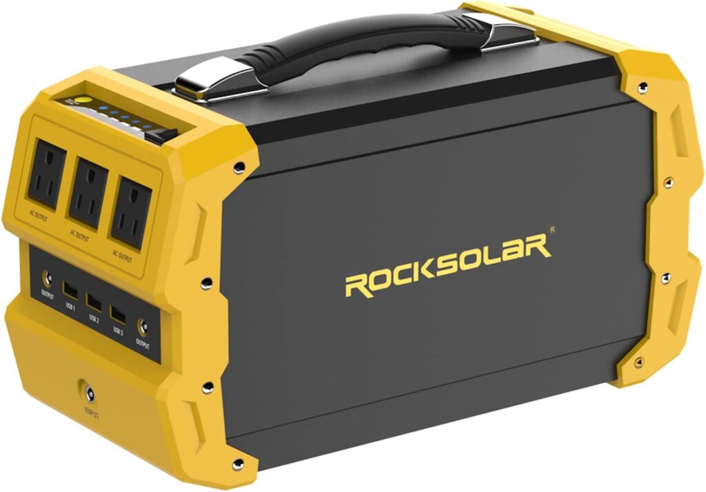 RS650 444Wh Lithium Battery, 400W Heavy Duty AC, USB, DC, and Cigarette Lighter Output Solar Powered Generator, Yellow  Black