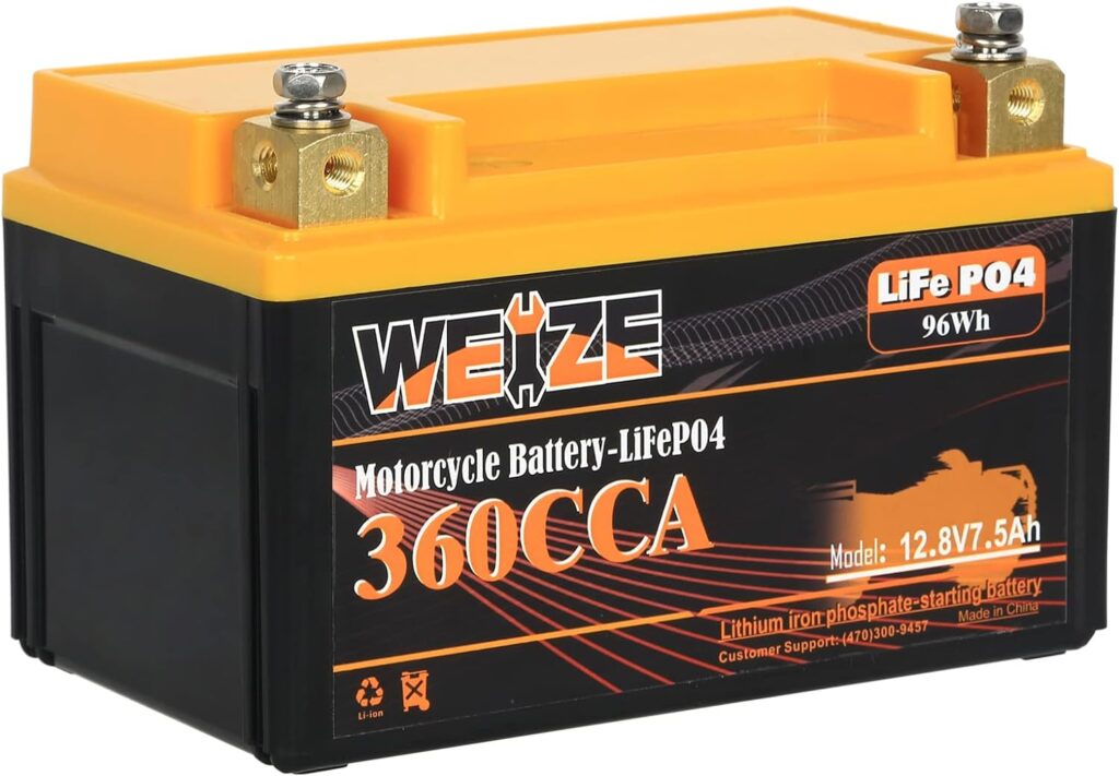 Weize YTX14-BS Lithium Battery, 360CCA, Built-in Smart BMS, 12 Volt 7.5AH YTX9-BS Lithium LiFePO4 Motorcycle Battery, YTX12-BS ATV Battery Compatible with Honda Suzuki Yamaha