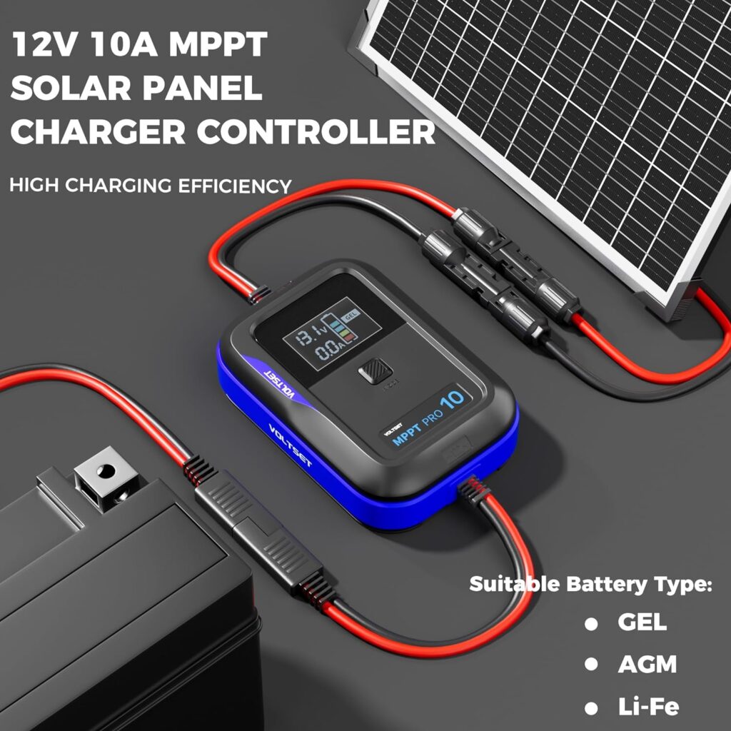 10A MPPT Solar Panels Charge Controller, Portable 12V Intelligent Solar Regulator with LCD Display and LED Indicate for AGM, Gel, LiFePO4, 12 Volt Solar Battery Charger