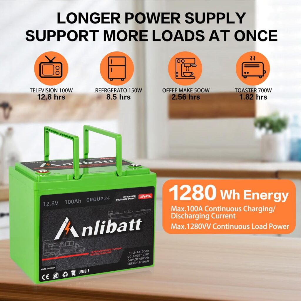 12V 100Ah LiFePO4 Lithium Battery, Group 24 Battery 8000+ Deep Cycles Rechargeable Low Temp Protection, Smart BMS, 10-Year Lifespan for RV, Comping, Marine, Trolling Motor, Solar, Off-Grid