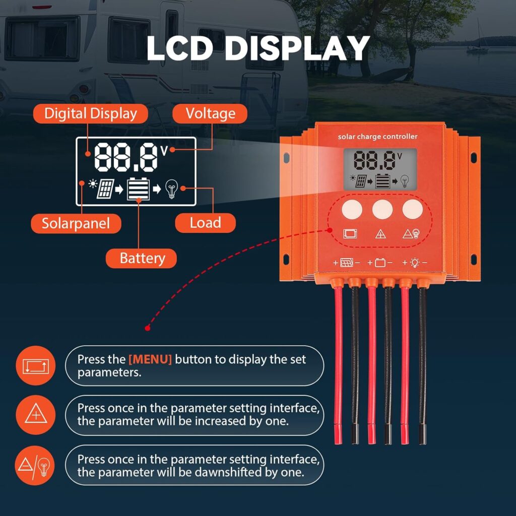 5A Solar Charge Controller IP56 Waterproof, 12V/24V PWM Solar Panel Controller with LCD Display for Lead-Acid, LiFePO4, Lithium Batteries