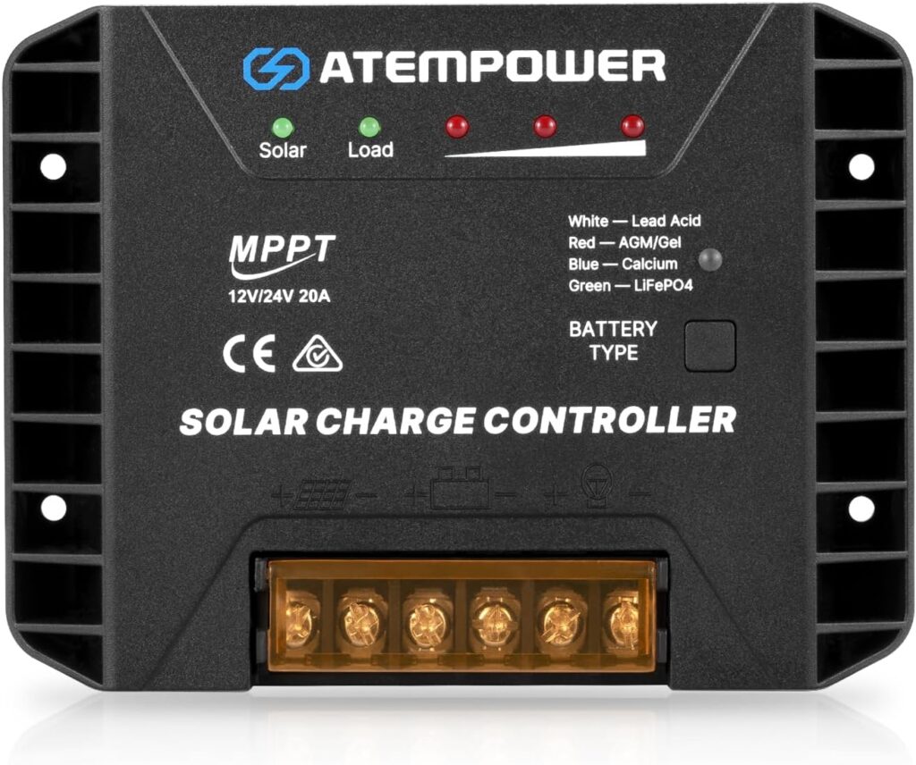 ATEM POWER 20A 12V/24V MPPT Solar Controller Selecting Battery Type Activate Lithium Battery Intelligent Solar Controller Compatible with Lead Acid, AGM, Gel, Calcium and LiFePO4 Battery