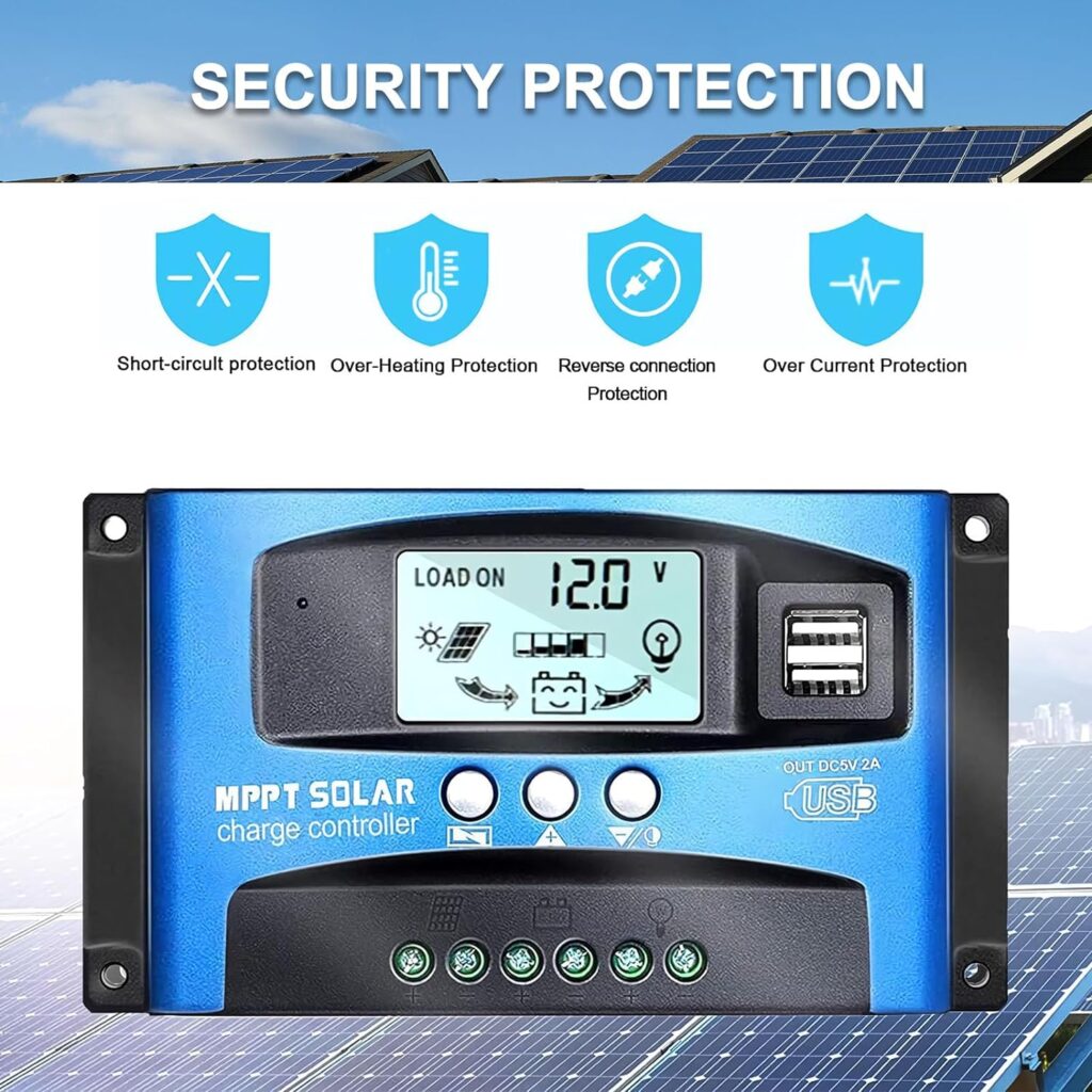 MPPT Solar Charge Controller 40/50/60/100A, 12V 24V Dual USB Solar Pannel Battery Controller Intelligent Regulator with LCD Display(100A)