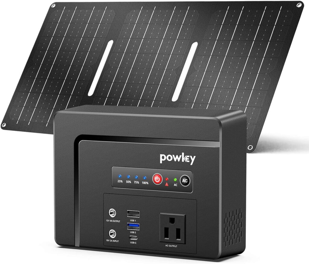 Powkey Portable Power Station with Solar Panel,100W/97Wh Small Portable Generator with Solar Panel 30W,Fast Charging Power Bank with AC Outlet/PD65W USB C/USB QC 3.0/DC for Outdoor Camping Home Backup