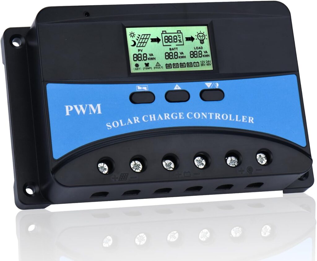PWM 30A Solar Charge Controller 12V 24V Auto, 30A Solar Controller with LCD Display Temperature Sensors 5V Dual USB Ports, Fit for Solar Panels 12V 24V Lead Acid and Lithium Batteries