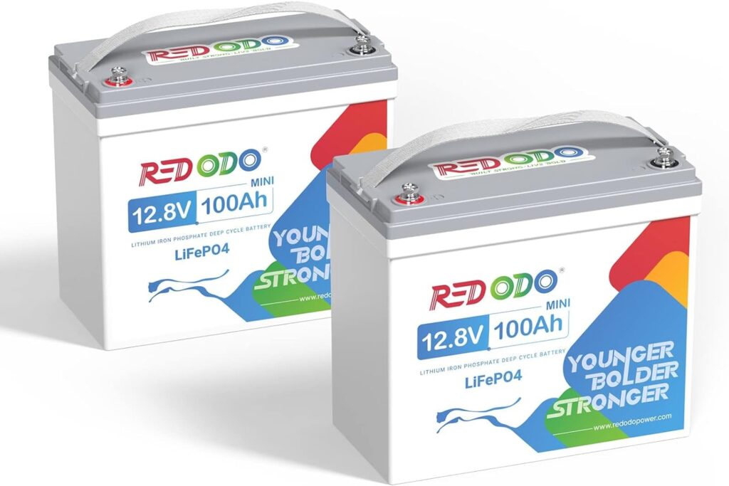 Redodo 2 Pack 12V 100Ah Mini LiFePO4 Lithium Battery, 1280Wh Deep Cycle Battery with Upgraded 100A BMS, UP to 15000 Cycles, Perfect for RV, Camping, Solar Home Storage, Off-Grid, Trolling Motor