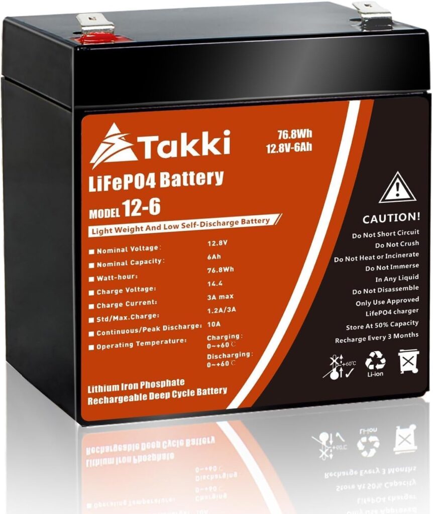 Takki 12V 6Ah LiFePO4 Battery, 12V Battery Deep Cycle Lithium Iron Phosphate Rechargeable Battery, F2 Terminal Built-in 6A BMS Perfect for RV/Outdoor Camping, Fish Finder, Small UPS