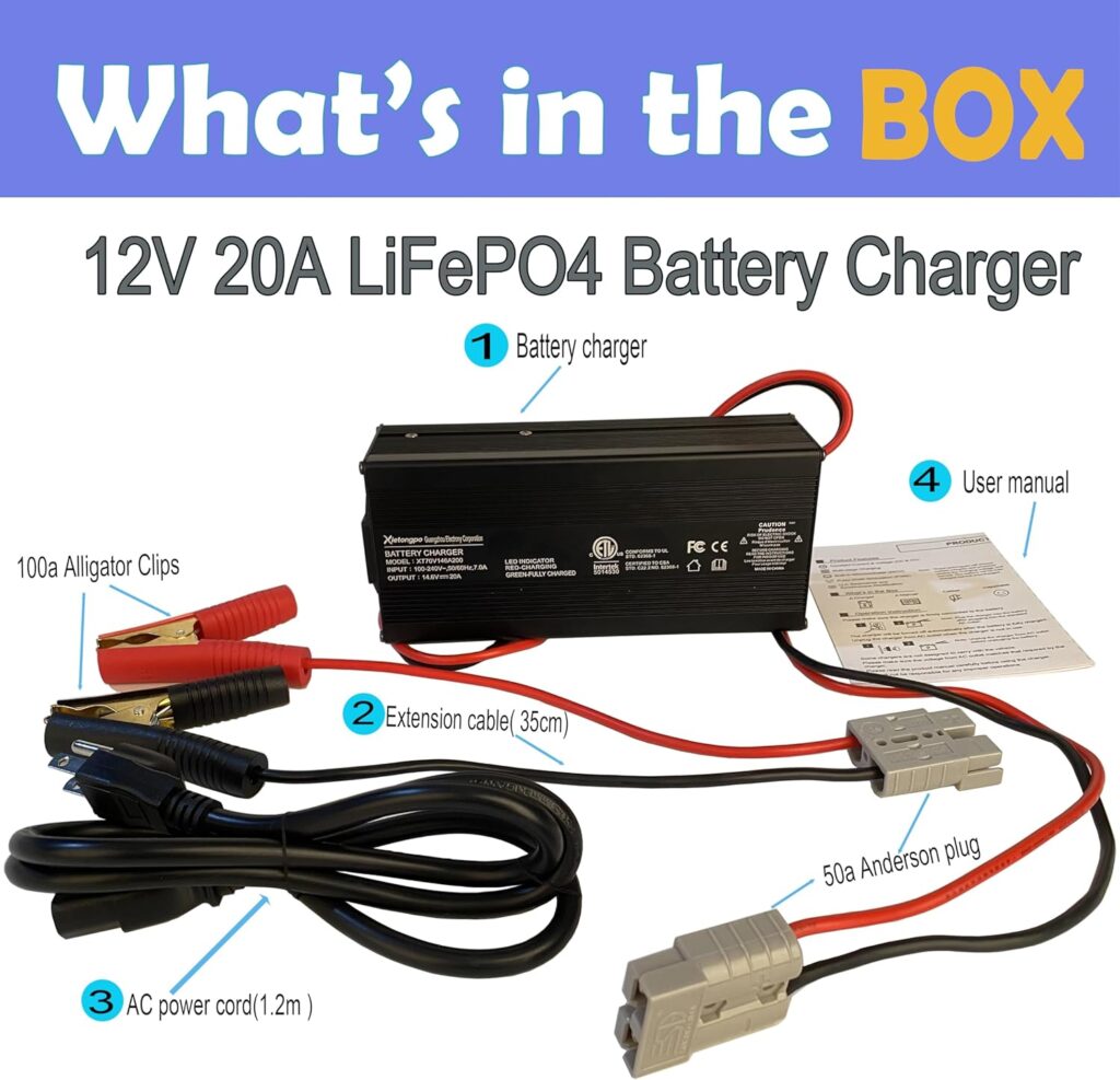 12V 20A LiFePO4 Battery Charger 14.6V LiFePO4 Charger and Maintainer for 4S 12V (12.8V) Deep Cycle Lipo Lithium Iron Phosphate Rechargeable Batteries of RV Car Boat