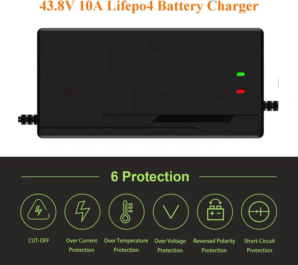 36V / 43.8V 10A Lifepo4 Lithium Charger 110V 120V for 36V Lifepo4 Battery with Cooling Fan Multiple Protection Functions