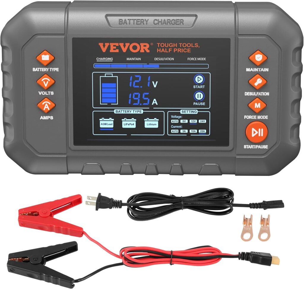 VEVOR Smart Battery Charger, 20-Amp, Lithium LiFePO4 Lead-Acid (AGM/Gel/SLA) Car Battery Charger with LCD Display, Trickle Charger Maintainer Desulfator for Boat Motorcycle Lawn Mower Deep Cycle