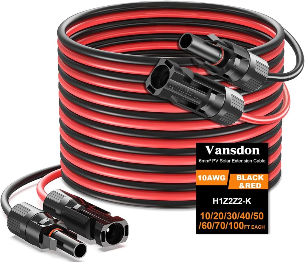 2x30 Feet Solar Panel Extension Cable, 10AWG Solar Cable, Solar Panel Cable with Female and Male Waterproof Connectors for RV, Photovoltaic Systems (30FT Red + 30FT Black)