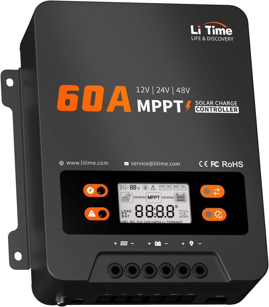 LiTime 60 Amp MPPT 12V/24V/48V Solar Charge Controller , DC Input Parameter Adjustable，LCD Display  LED Indicators(No Build-in Bluetooth)