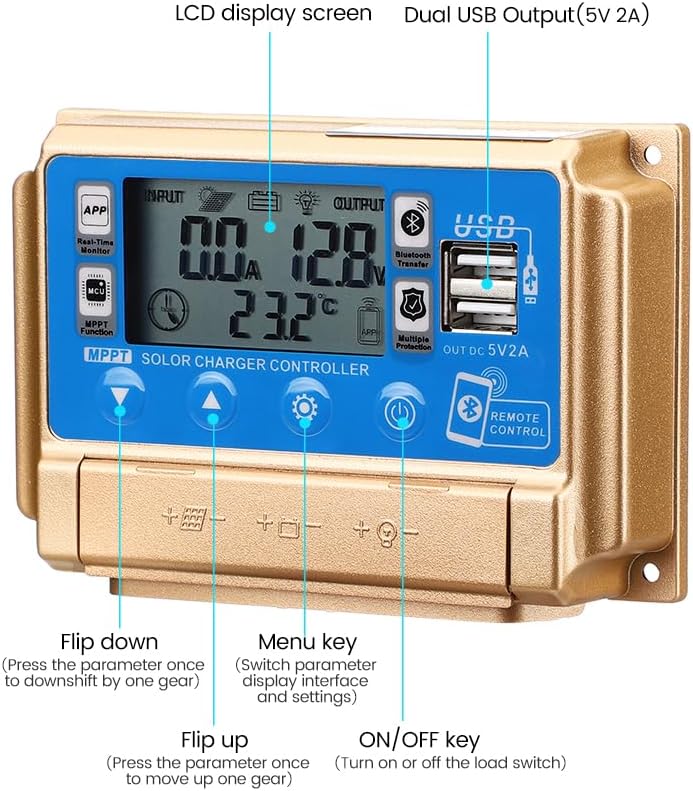 SUNYIMA 30A MPPT Solar Charge Controller 12v/24v Current Auto Focus MPPT Tracking Charge with Bluetooth LCD Display Dual USB Solar Regulator Charge Controller Multiple Load Control Modes (30A MPPT)