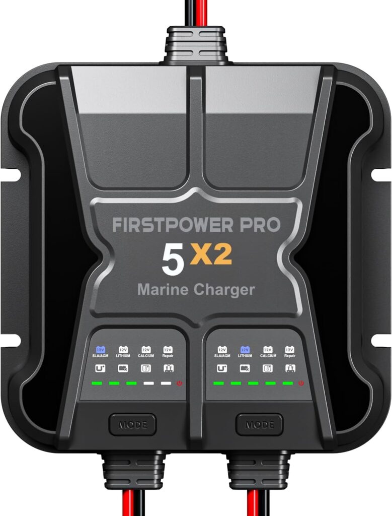 2 Bank Marine Battery Charger 5X2, 10A (5A/Bank) - 12V Waterproof Onboard Battery Charger, Battery Maintainer  Desulfator for SLA/AGM, Lithium (LiFePO4), Calcium  Deep-Cycle Battery- Charged 24/7