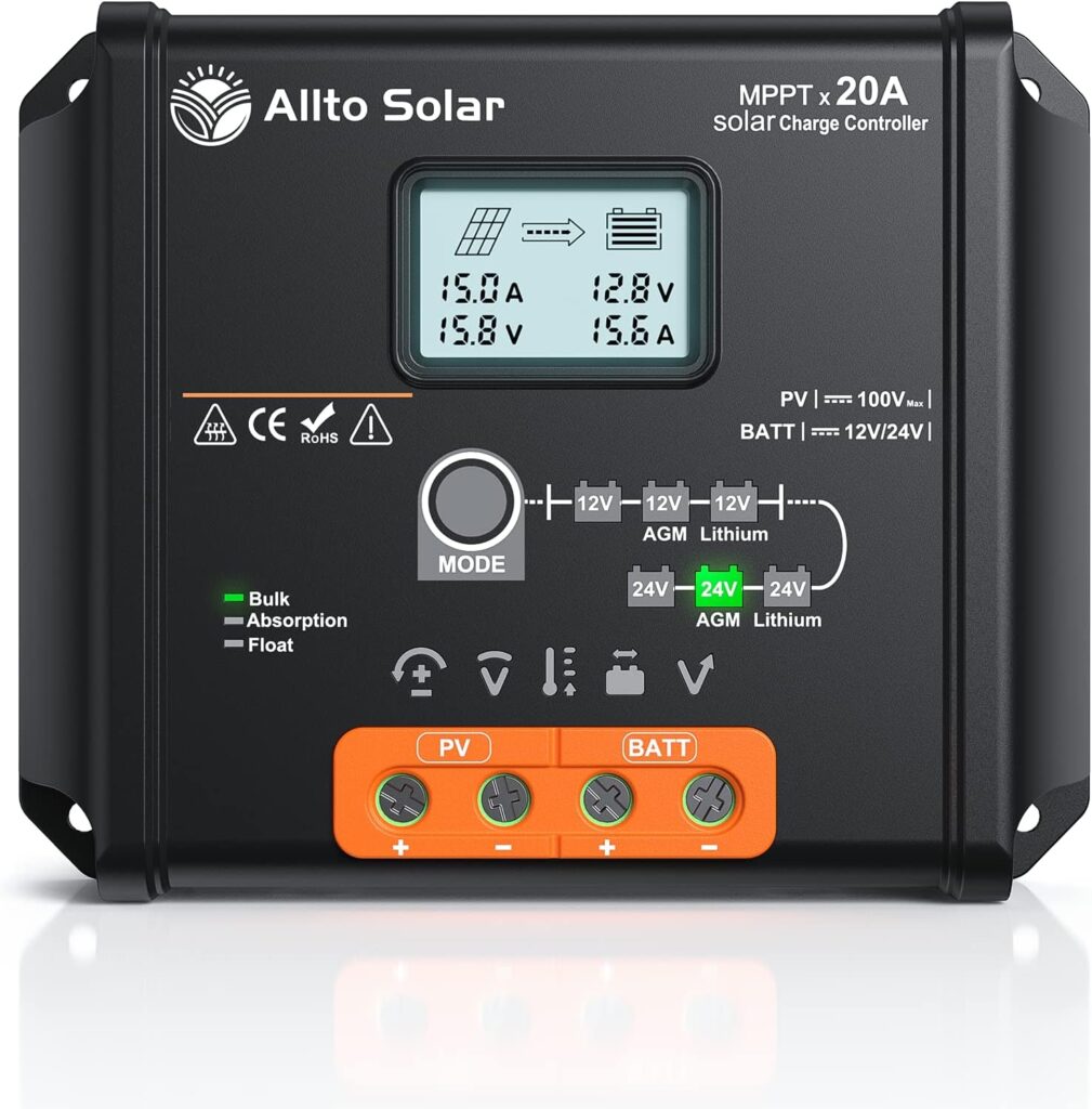 Allto Solar 20Amp 12V/24V MPPT Solar Charge Controller Backlit LCD Display 20A Solar Panel Regulator with Temp Sensor + Optional Remote Meter for 12/24 Volt AGM Gel Sealed Flooded and Lithium Battery