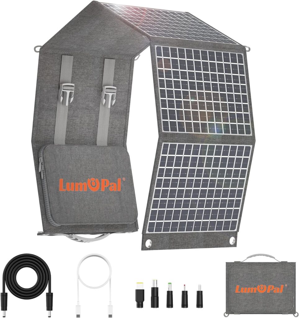 Foldable Solar Panel, LUMOPAL 60W Portable Solar Panels Folding Solar Charger with PD60W USB-C 5V USB-A QC3.0 DC18-20V, IP65 Waterproof for Camping Backpack Compatible with Phone Laptop Power Station