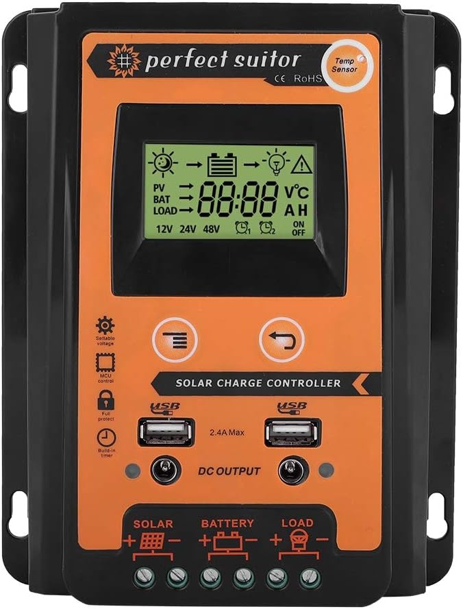 Fydun MPPT Solar Controller 12V/24V Solar Panel Battery Regulator Dual USB LCD Display Panel Regulator Current 30A 50A 70A Black + Orange (30A)