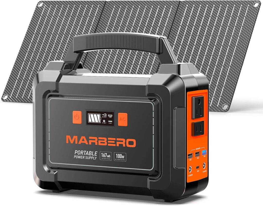 MARBERO Solar Generator 167Wh Camping Portable Power Station 200W Peak with Foldable Solar Panels 30W with AC Outlet 110V Multi-Port LED Flashlights for CPAP Home Camping Hurricane Emergency