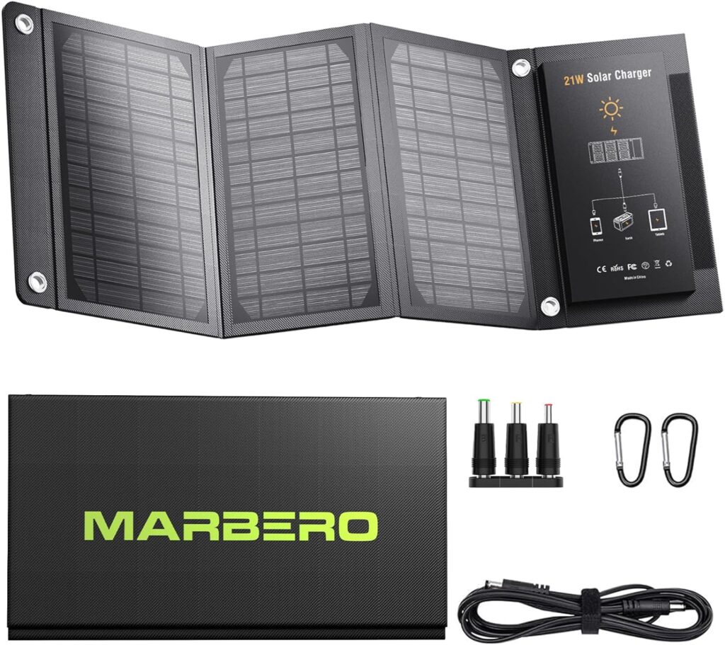 MARBERO Solar Panel 21W Foldable Solar Panel for Portable Power Station Solar Generator, iPhone, Ipad, Laptop, QC3.0 USB Ports  DC Output(3 Interchangeable Adapters) for Outdoor Camping Van RV Trip