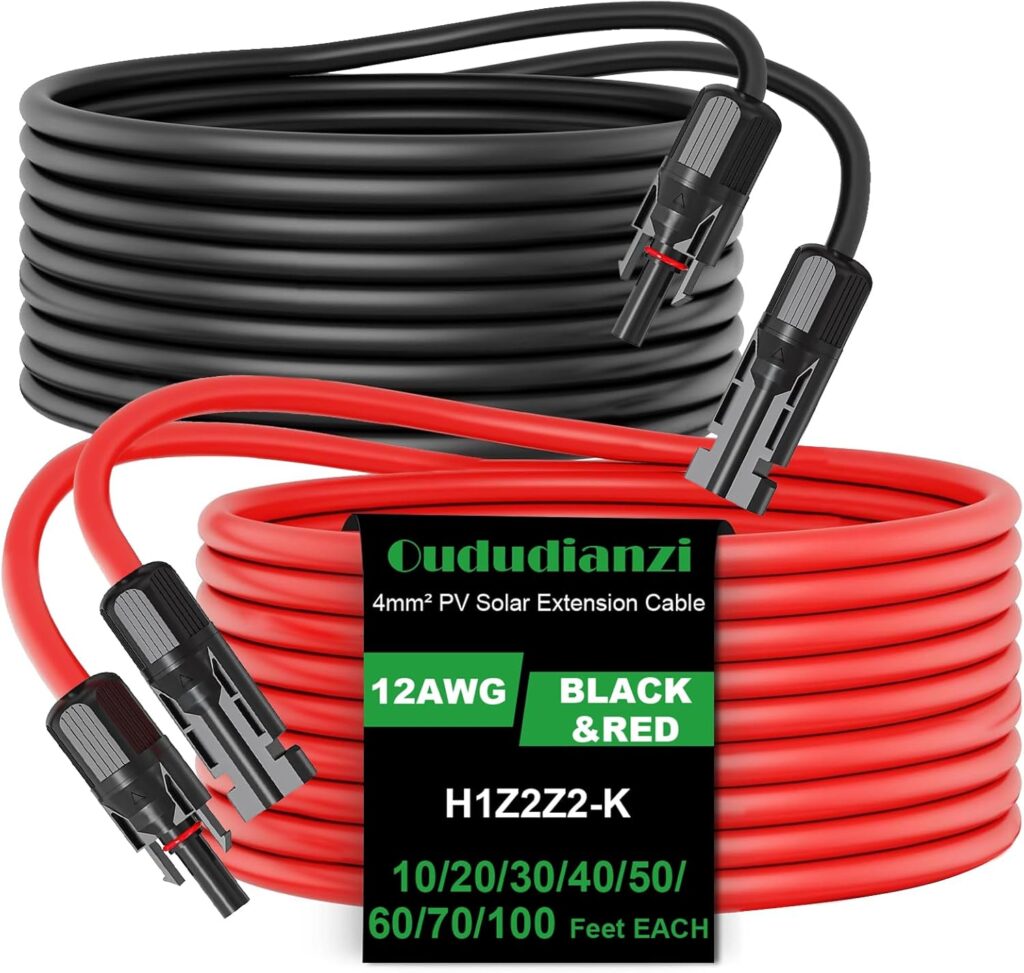 Oududianzi 2x20 Feet 12AWG Solar Extension Cable with 2 Pairs Female and Male Connectors, Solar Panel Cable, 12AWG Solar Wire, Solar Panel Wires and Connectors (20FT Red + 20FT Black)