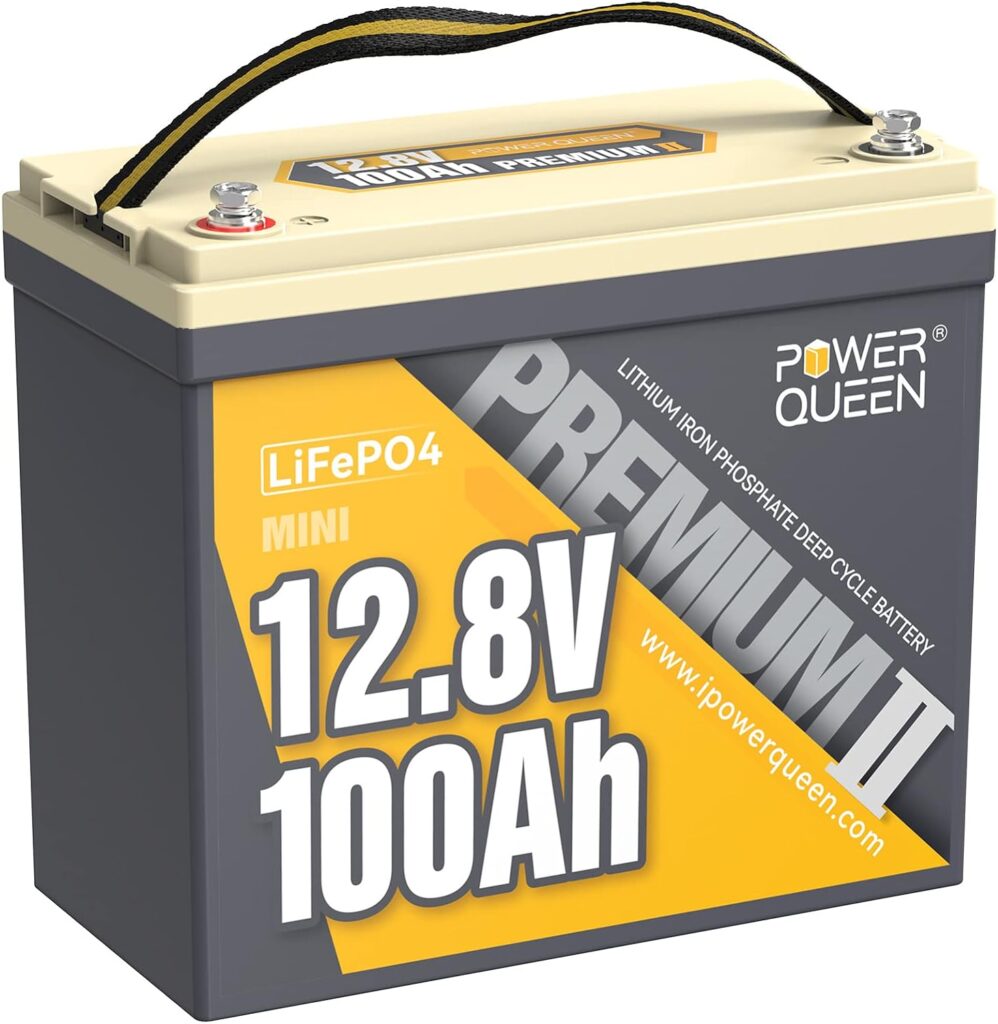 power queen 12V 100Ah Mini LiFePO4 Lithium Battery, Deep Cycle Battery with Upgraded 100A BMS, Max 1280Wh Energy, Up to 15000 Cycles  10-Year Lifespan for RV, Solar, Trolling Motor  Camping