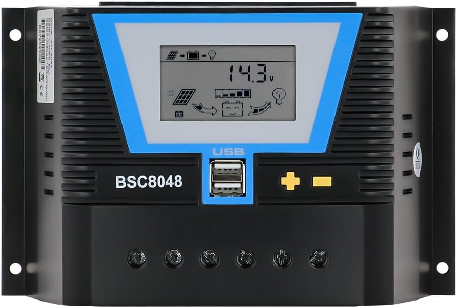 PowMr 80A PWM Solar Controller, 12V 24V 36V 48V Auto with LCD Display, Dual USB Output Charge Controller for AGM, Gel, Flooded, Lead-Acid and Lithium Battery