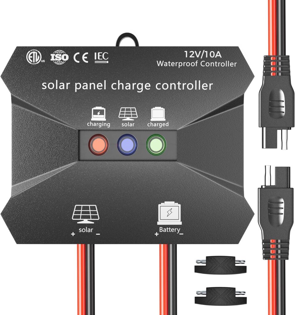 Solar Charge Controller, 10A 12V Waterproof Solar Intelligent Regulator with LED Indicate Light for 12v Solar Battery Charger, Solar Battery Maintainer, and 12 Volt Battery Power Kit