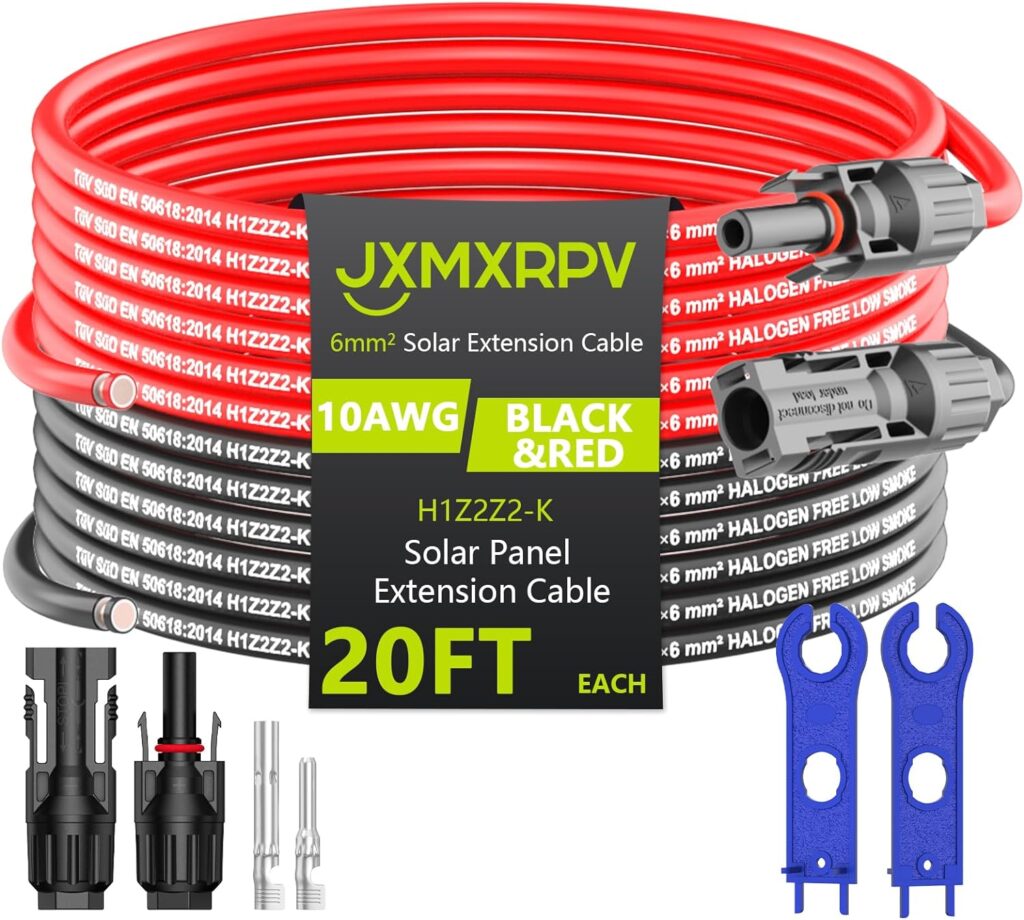 Solar Extension Cable 6.6-10-20Ft, IP68 Waterproof Solar Panels Cables, 10AWG Solar Wire, 6mm² PV Cable with Male and Female Connectors（20ft）