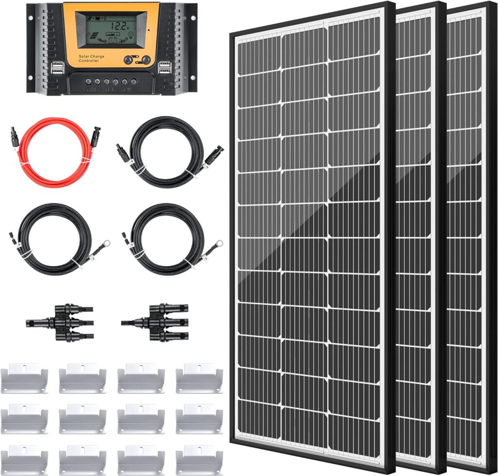 Solar Panel Kit 300 Watt 12 Volt Monocrystalline Solar Panels with 40A PWM Charge Controller 2 Pair Solar Paanel Cables 3 Set Z Brackets 4 Way Connector for RV Camper Marine Boat Off Grid System