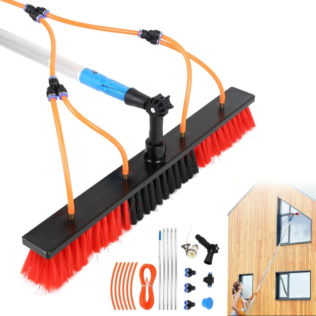 26FT Water Fed Pole Solar Panel Cleaning Brush and Pole Extendable Window Glass Cleaning Tool Telescopic Roof Cleaning Long Handle Pole Cleaner Brush for Solar Panel, House Siding, Pool, RV