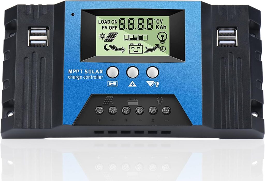 MPPT 30amp Solar Charge Controller 12V 24V Auto, Solar Controller 30A MPPT with LCD Display, Temperature Sensor 4 USB Ports Fit for Solar Panels 12V 24V Gel Sealed Flooded and Lithium Battery