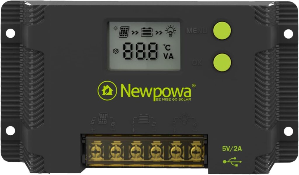 Newpowa 20A PWM Solar Charge Controller 12V/24V LCD Display Off Grid Solar Panel Adjustable for Gel, AGM, Liquid, Lithium Battery