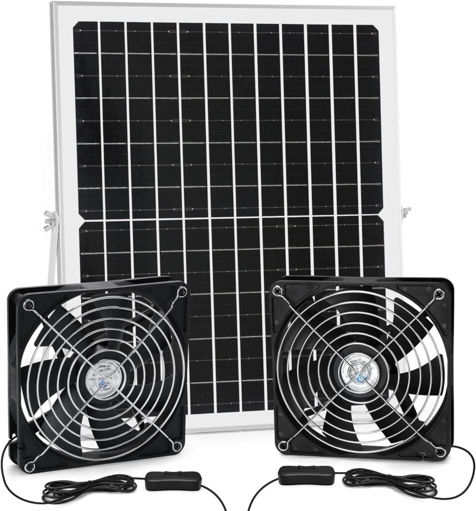 Solar Dual Fan Kit for Intake or Exhaust air, 25W Solar Panel Powered Fan for Chicken Coop, Greenhouse, 5.5 in Bigger Fans with 15 ft Cord, IP67 Waterproof, 3500RPM