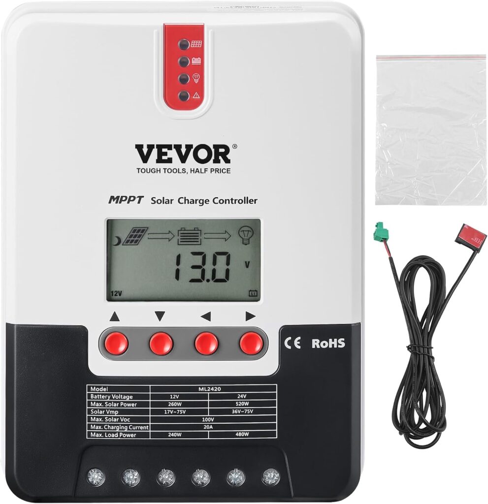 VEVOR 20A MPPT Solar Charge Controller, 12V / 24V Auto DC Input, Solar Panel Regulator Charger with LCD Display Temperature Sensor Cable, for Sealed(AGM), Gel, Flooded and Lithium Battery Charging