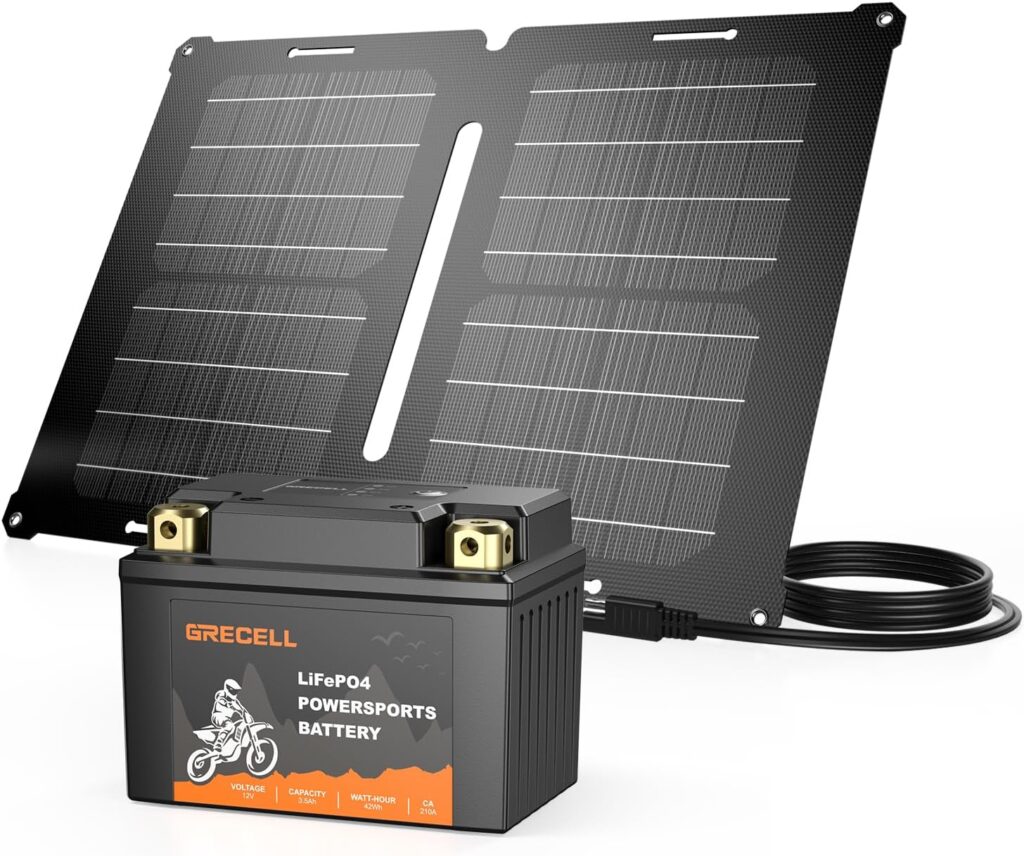 GRECELL 12V 3.5Ah Lithium Motorcycle LiFePO4 Battery with 12V 25W Solar Battery Charger Maintainer, Compatible ATV, Jet Ski, Lawn Mower, Snowmobile and Scooter