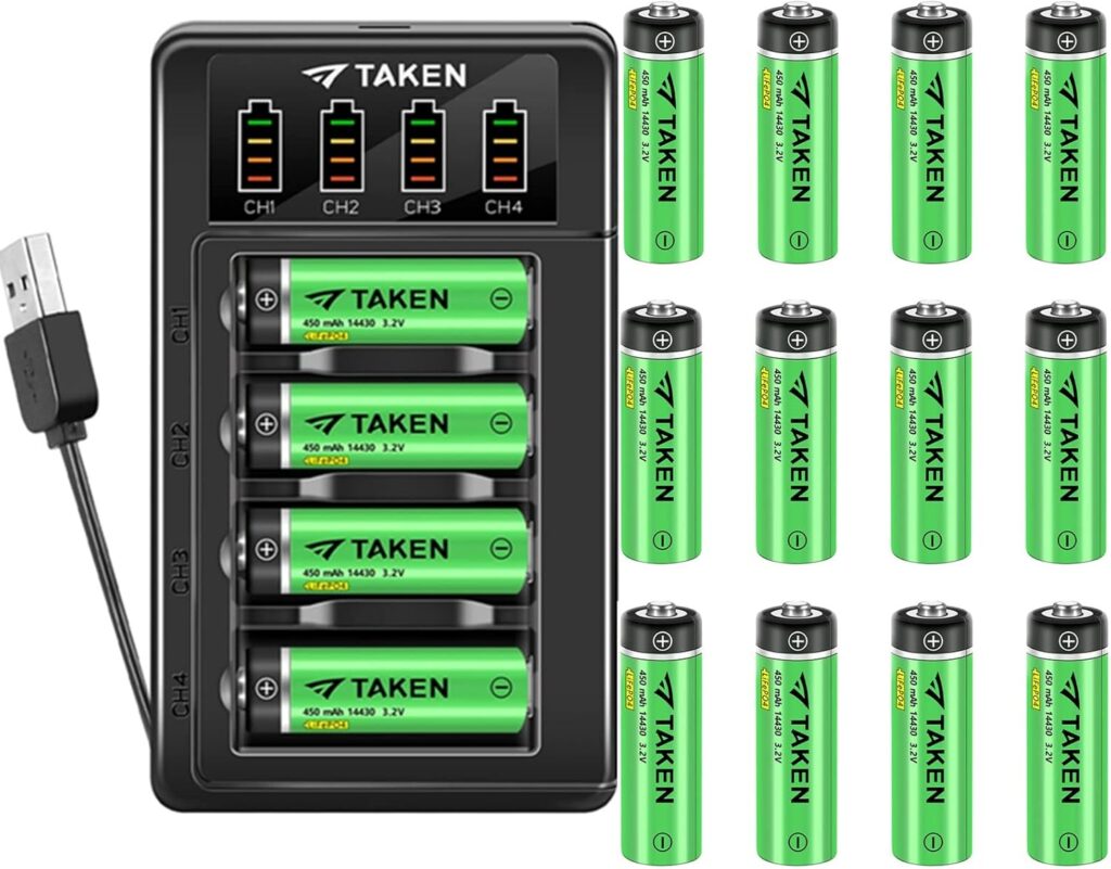 Taken 14430 3.2 Volt Rechargeable Solar Battery with Charger, 3.2V 450mAh 14430 LiFePO4 Rechargeable Battery for Solar Panel Outdoor Garden Lights, 16 Pack 14430 Battery with 4-Ports LiFePO4 Charger